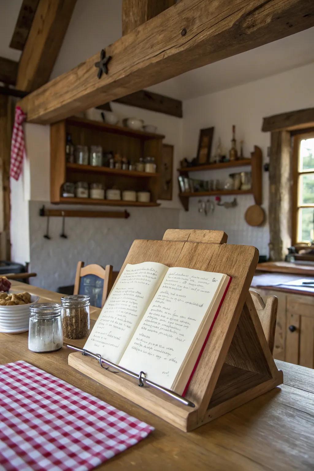 A rustic cookbook stand adds charm to any kitchen.