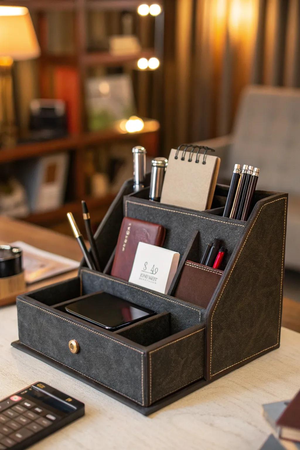 Elevate Dad's workspace with a handcrafted desk organizer that combines style and function. Perfect for the modern gentleman.