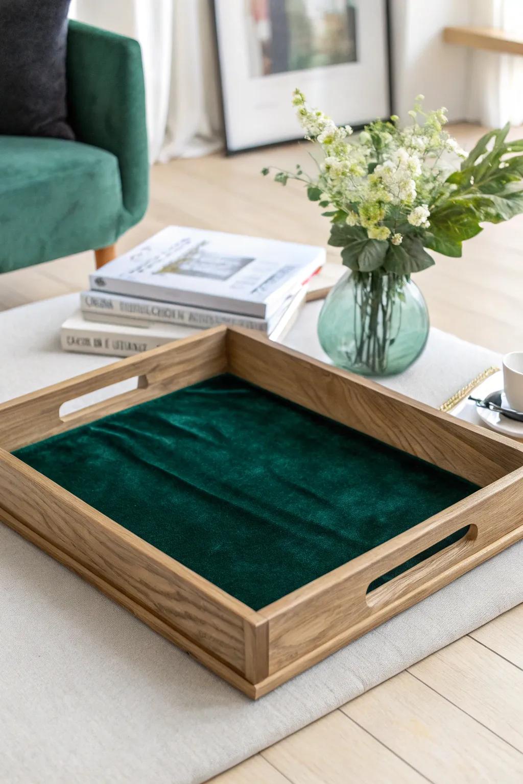 Elevate your decor with a touch of luxe: a velvet-lined coffee table tray that marries simplicity with elegance.