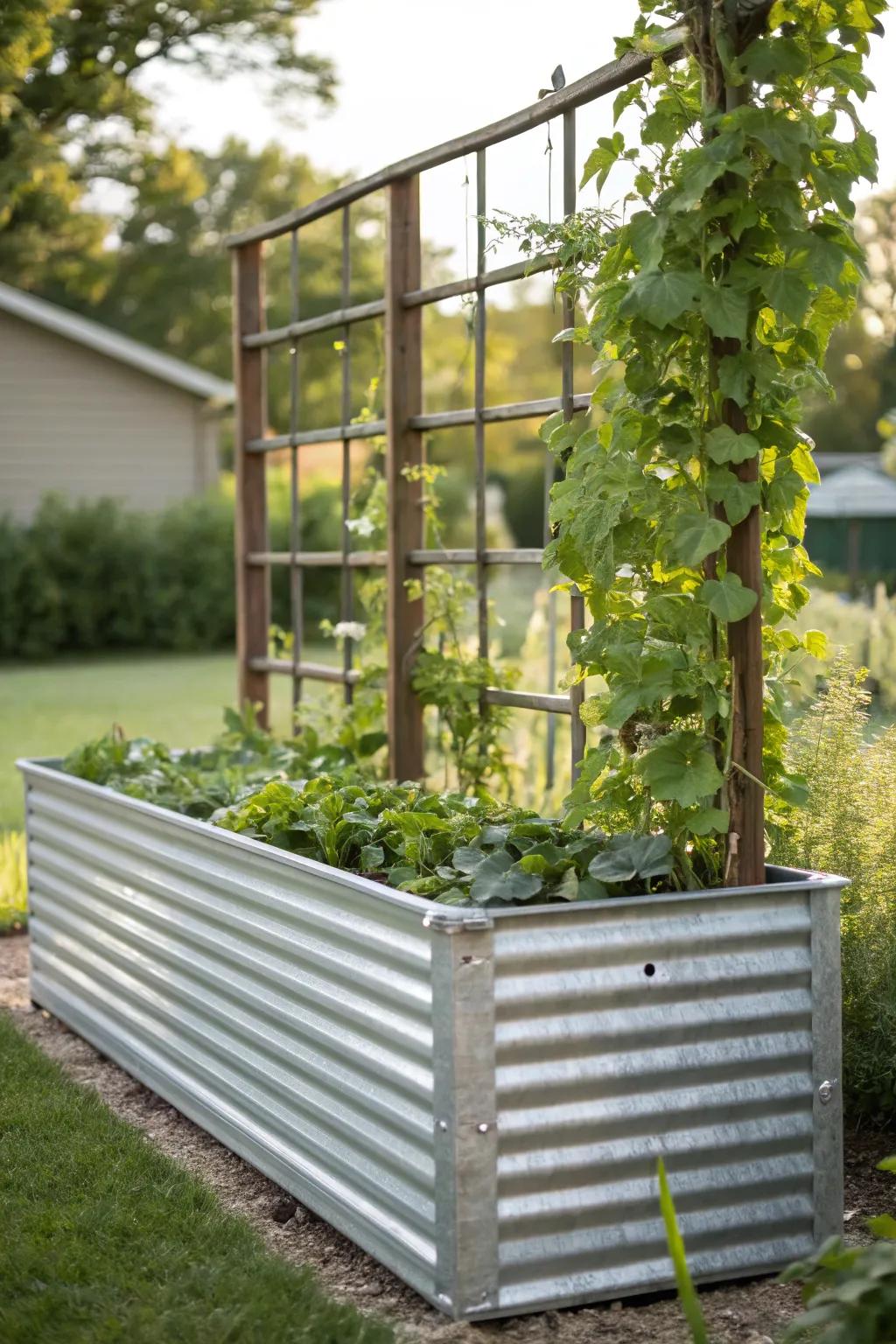 Elevate your garden game with a stylish metal raised bed and trellis combo – where form meets function.