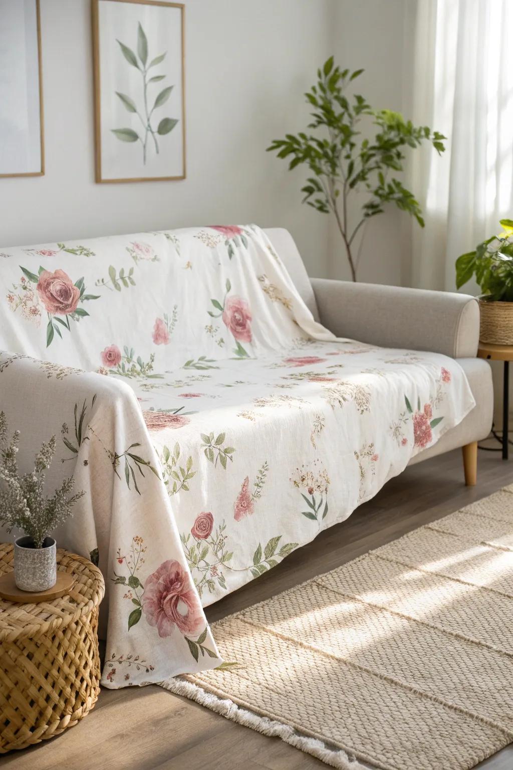 Embrace spring with a floral touch: Transform your couch with the fresh elegance of a bed sheet cover.