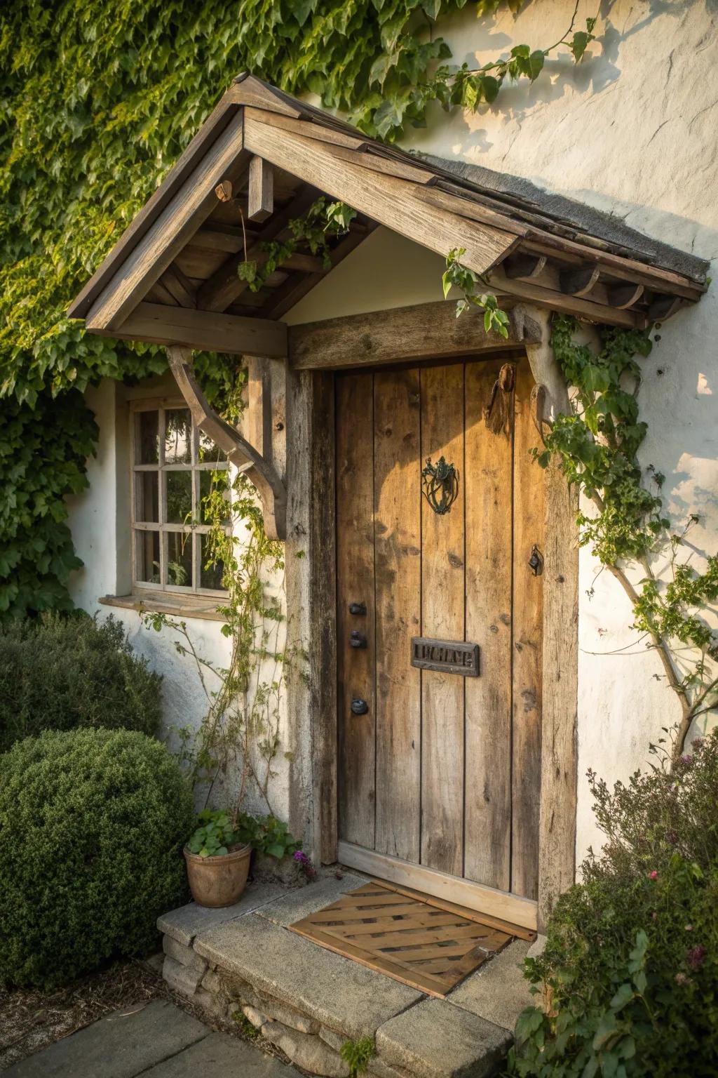 Transform your entryway with a touch of rustic charm using a reclaimed door overhang.