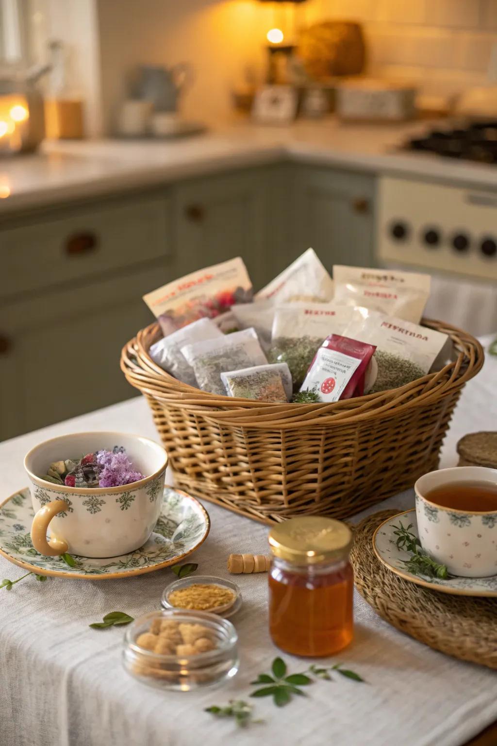 Enjoy a cozy tea time with this charming basket.