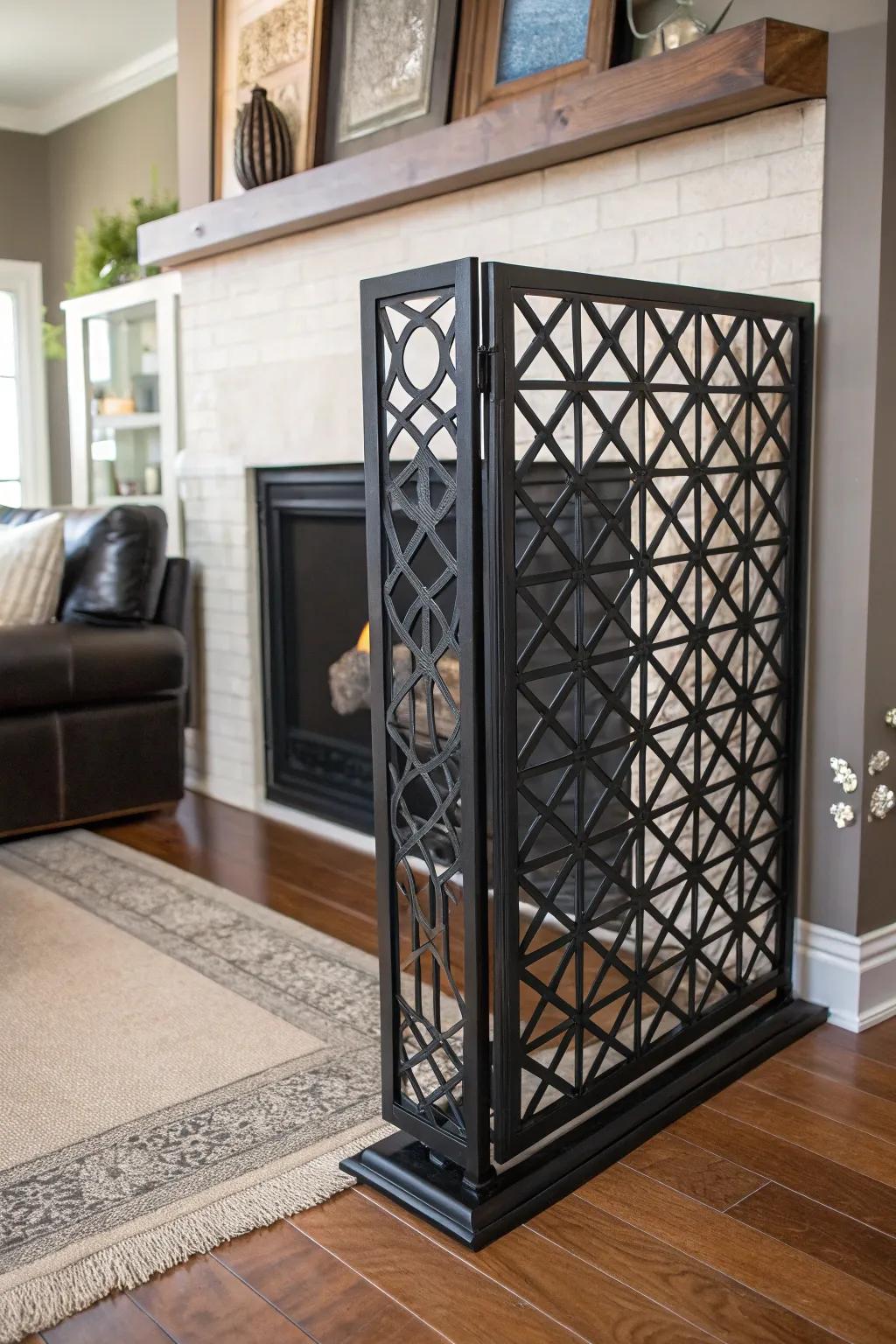 Transform your fireplace with a chic lattice screen that elevates elegance and style.