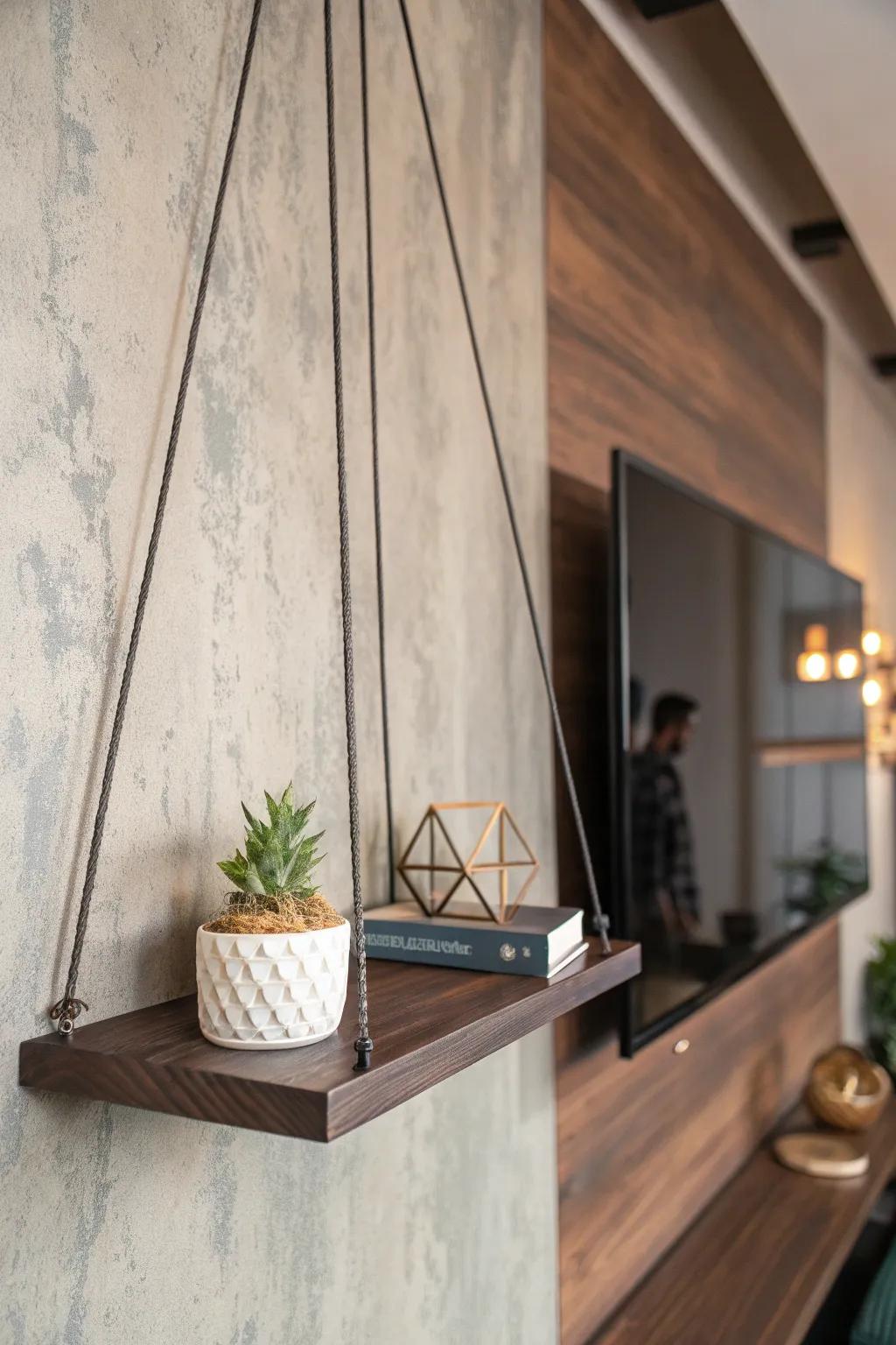 Elevate your space with sleek cable wire shelving for a modern, floating illusion.