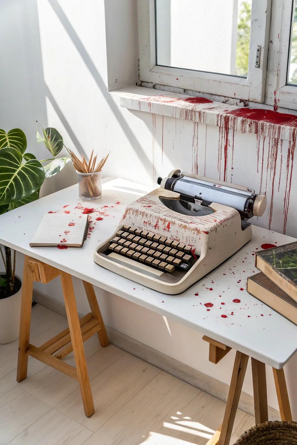 Unleash your creative spirit with a touch of Halloween horror on your office desk. This vintage typewriter gets a gory makeover for an unforgettable aesthetic.