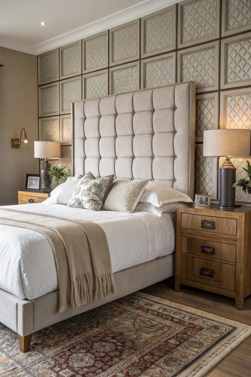 Upholstered squares offer a modern and customizable headboard design.