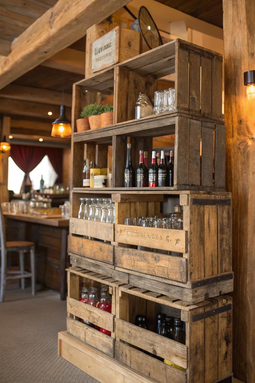 Vintage crates stacked as shelves create a rustic and budget-friendly home bar display.