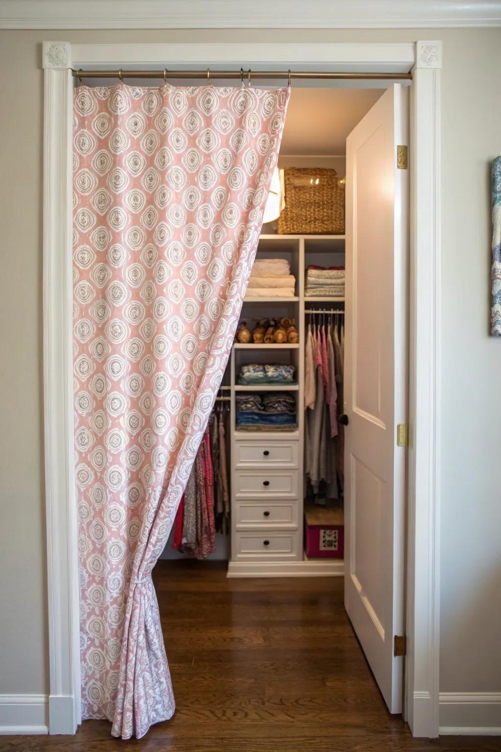 A curtain instead of doors adds softness and space to a small closet.