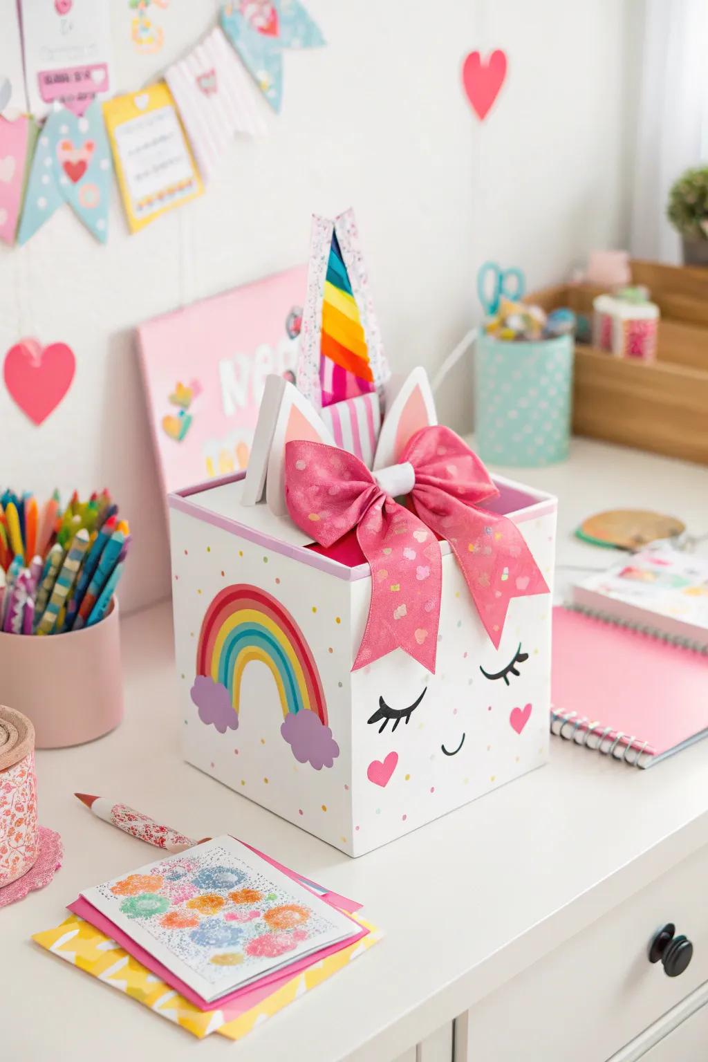 A charming unicorn box topped with a colorful bow.