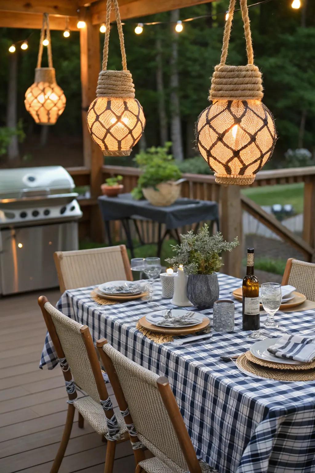 Rope lanterns add a nautical touch perfect for outdoor gatherings.