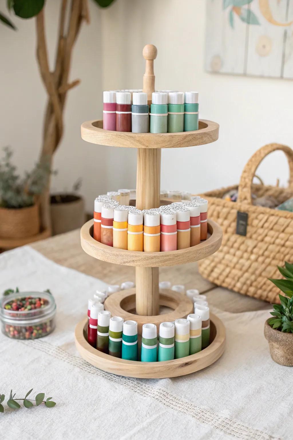 Transform your creative space with a beautiful, multi-tiered cake stand for stylish paint storage.