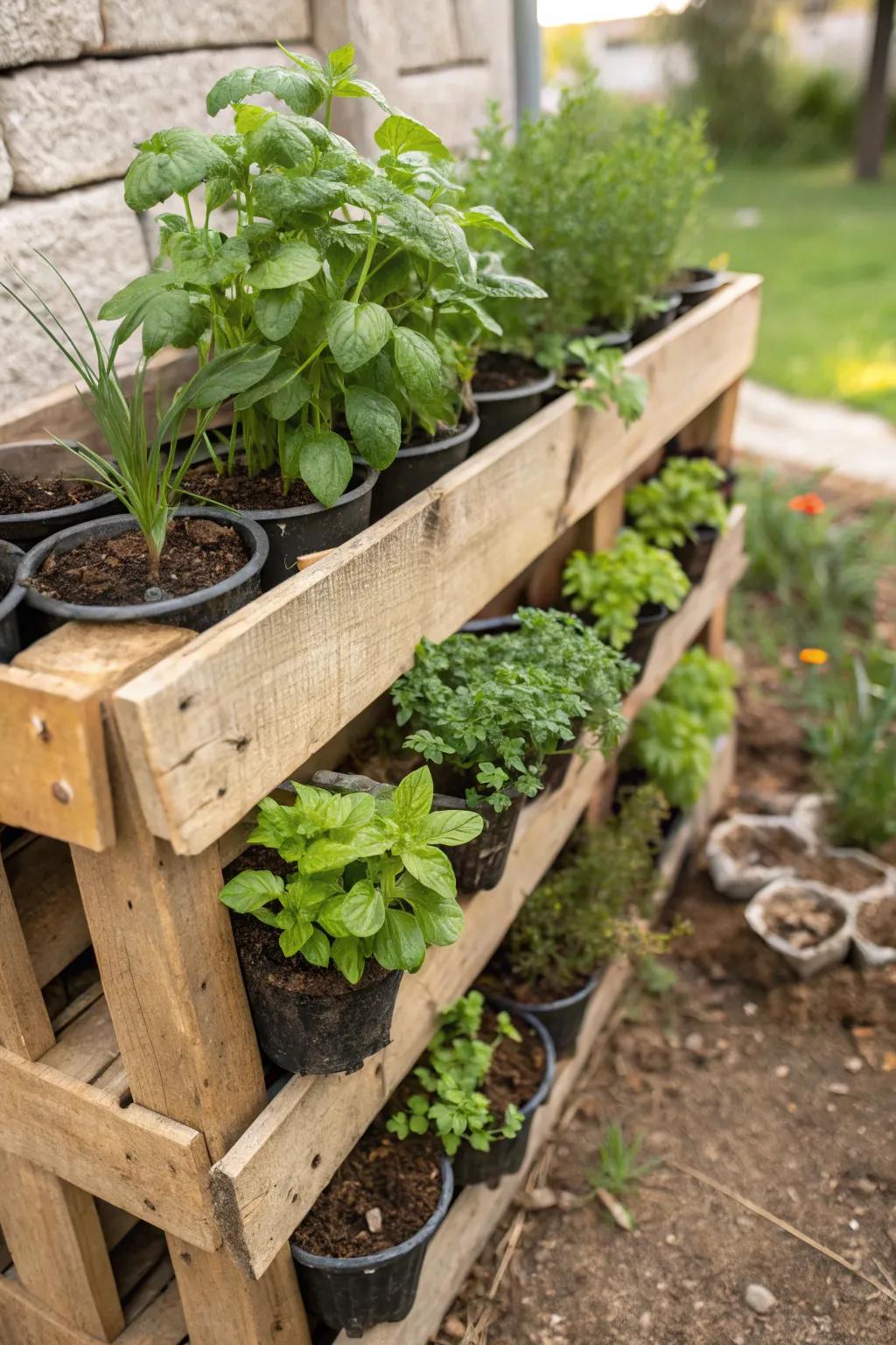 A rustic wooden pallet transformed into a garden planter.