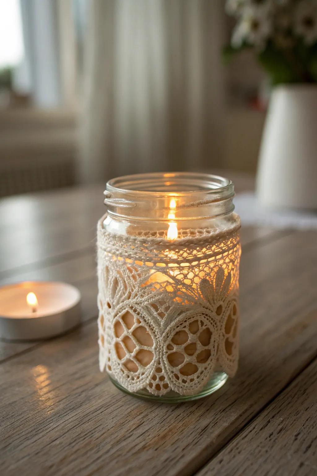 Illuminate your space with the enchanting glow of lace-adorned candle holders.