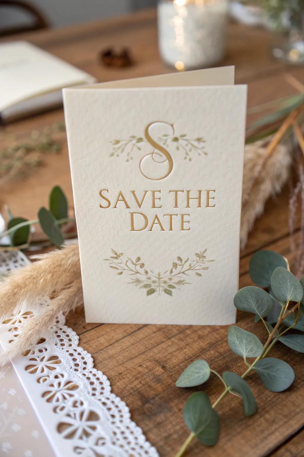 Craft your love story with personalized monogrammed 'Save the Date' cards.