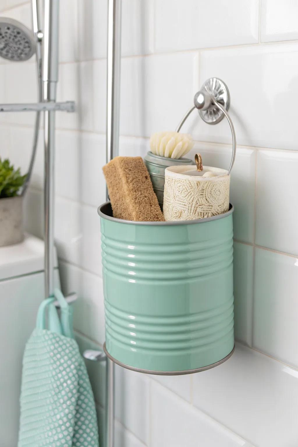 Transform your shower space with charming upcycled tin can holders—eco-friendly storage with a vintage twist!