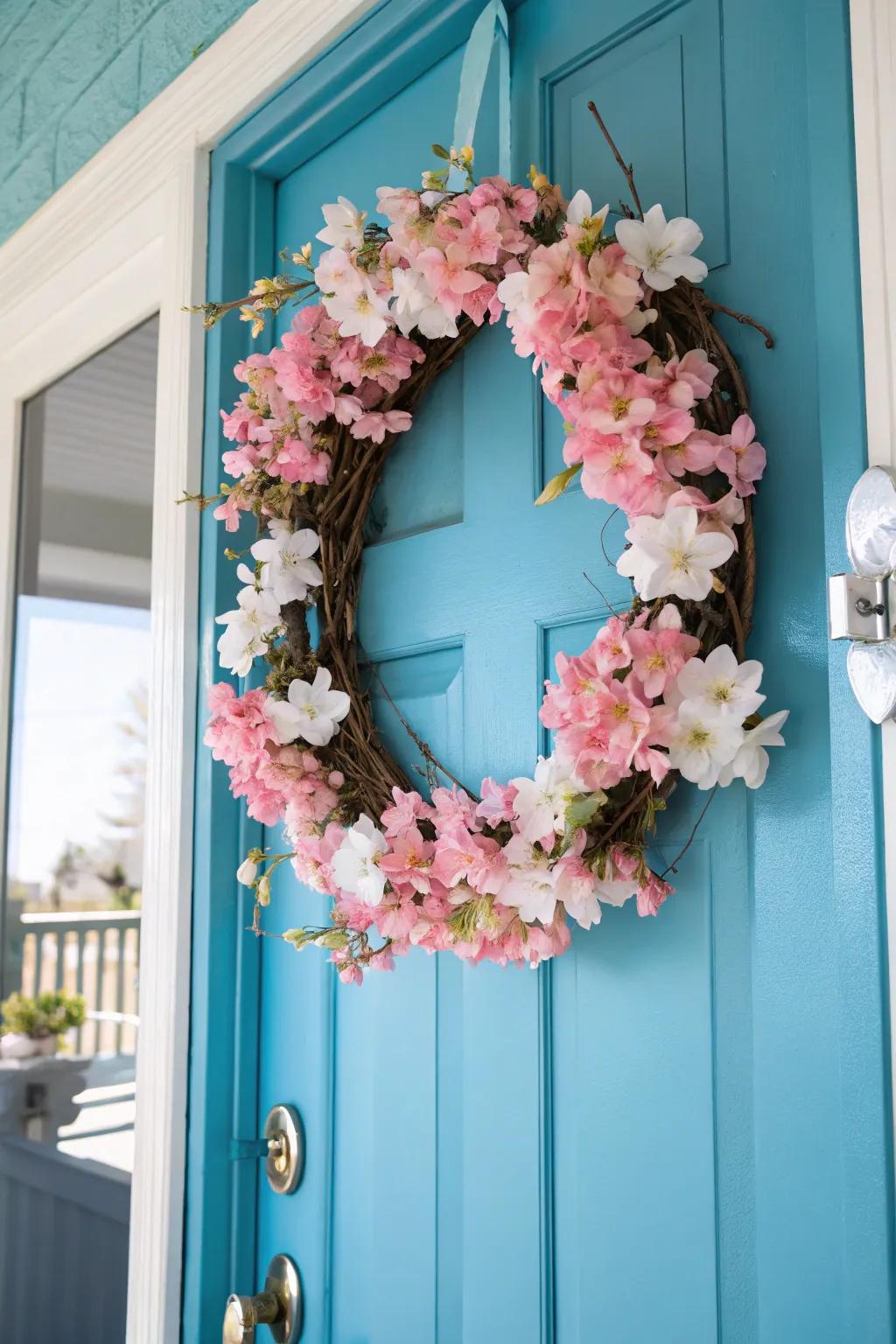 A cherry blossom wreath brings the beauty of spring to your entryway.