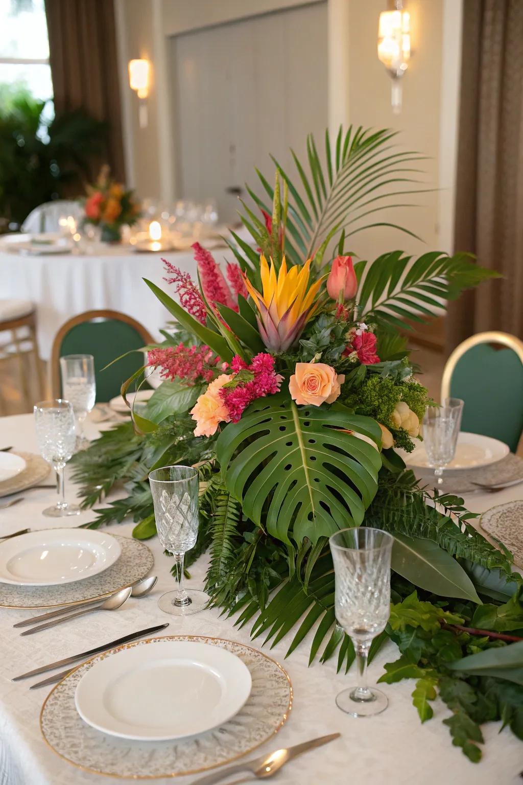 Tropical flowers and leaves create an exotic and vibrant centerpiece.