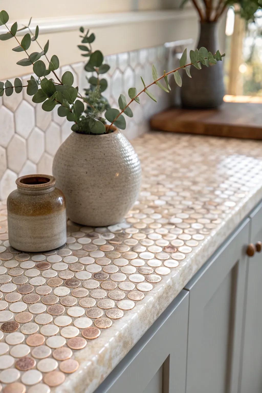 Add a playful touch to your space with charming penny tile countertops, perfect for a minimalist-boho vibe.