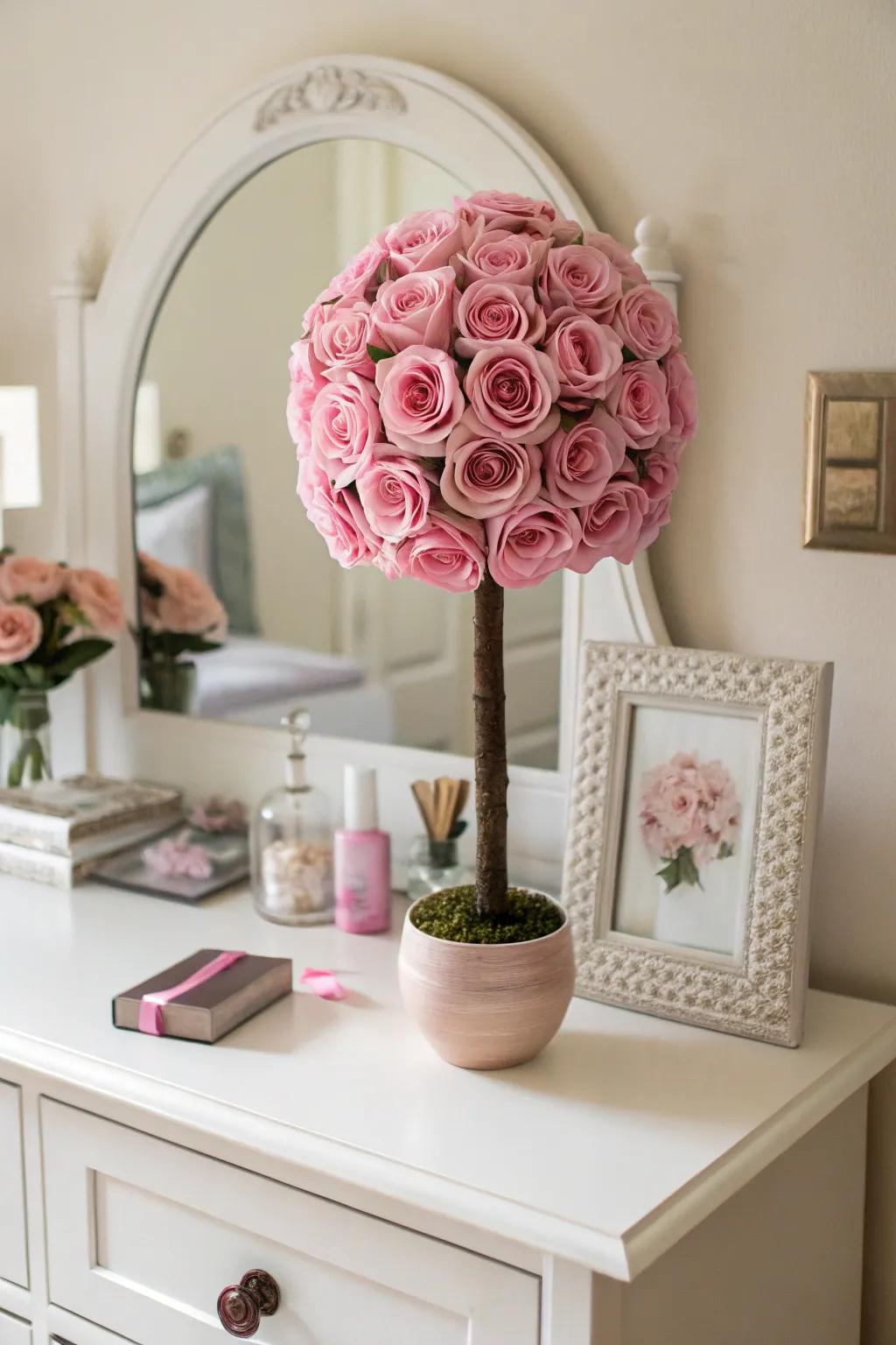 A romantic rose topiary creating a dreamy atmosphere in a bedroom.