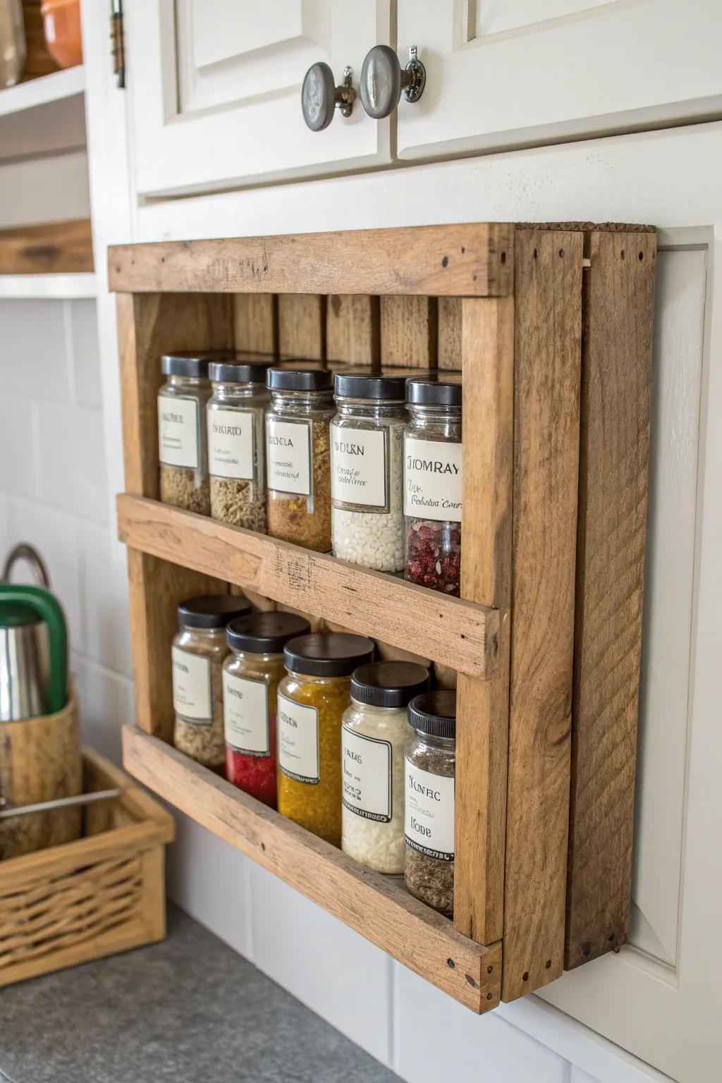 Transform vintage wooden crates into charming under-cabinet spice racks and embrace rustic elegance in your kitchen.