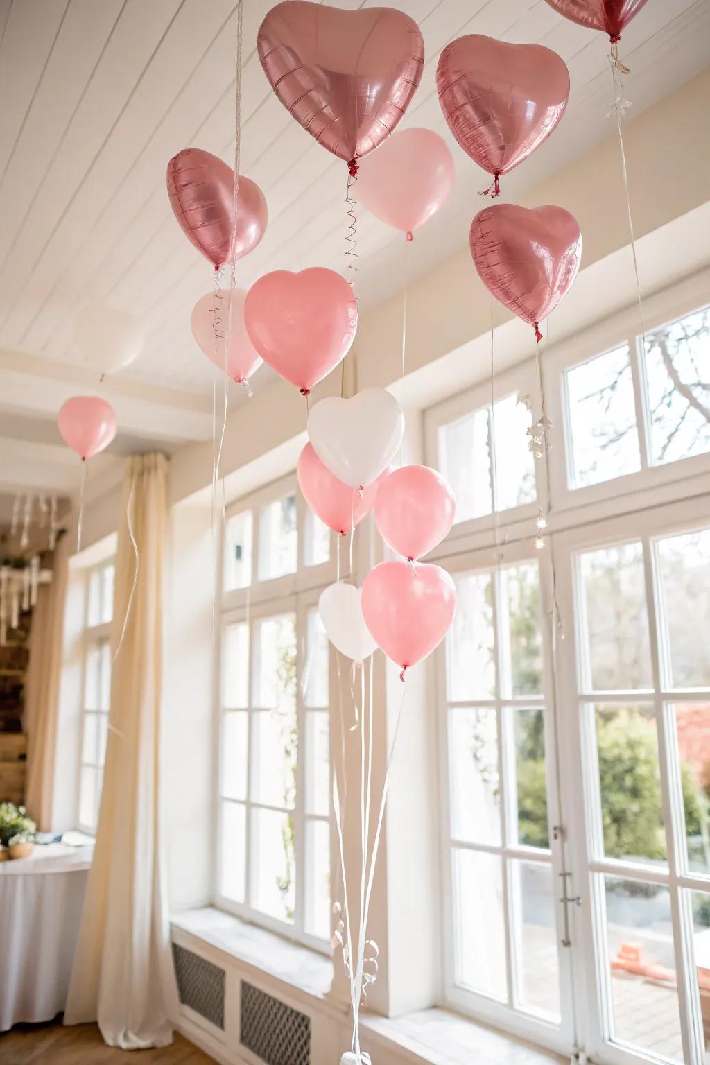 Floating balloon hearts add a whimsical and cheerful touch to any space.