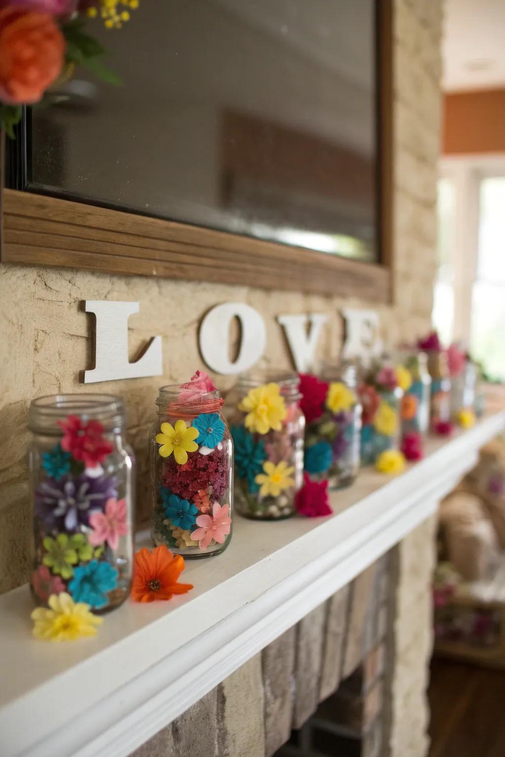 Mason jar bouquets spell out love in vibrant colors.