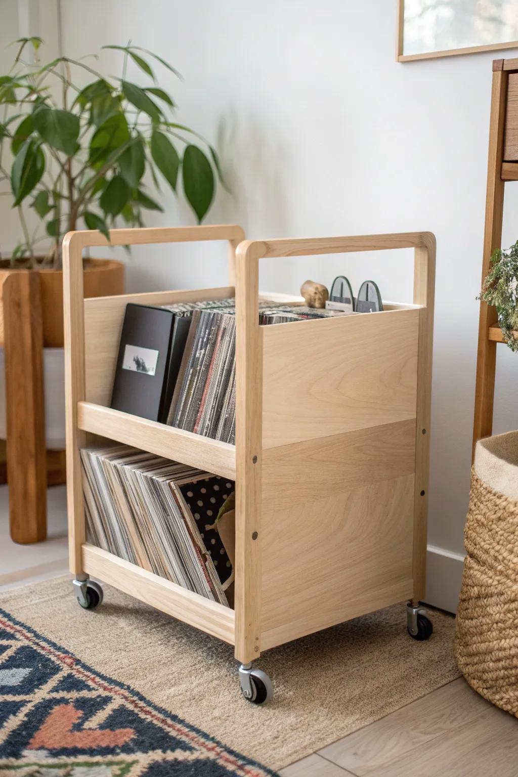Elevate your creative space with a chic, minimalist rolling cart for your vinyl collection.