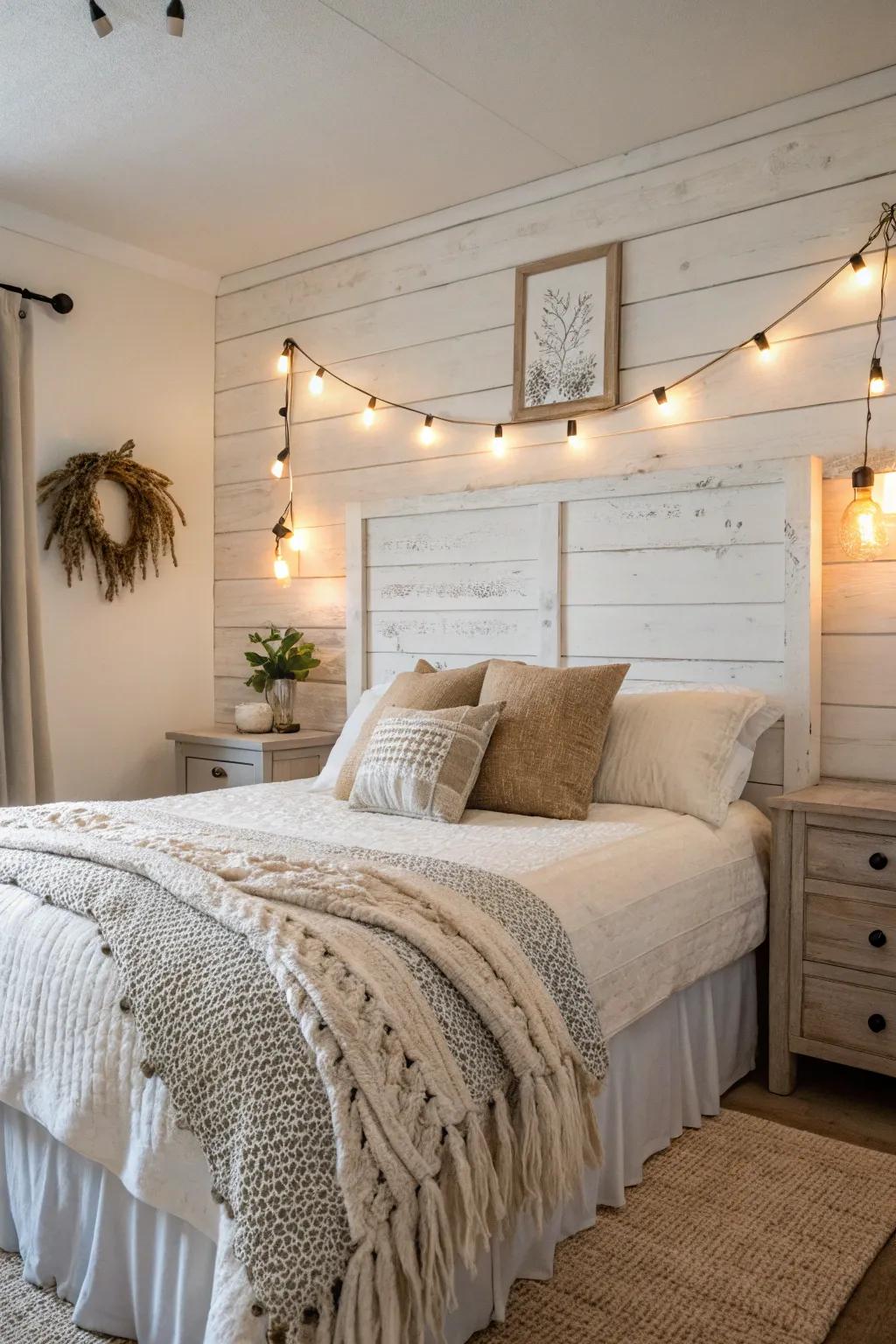 Farmhouse charm: Whitewashed wood headboard.