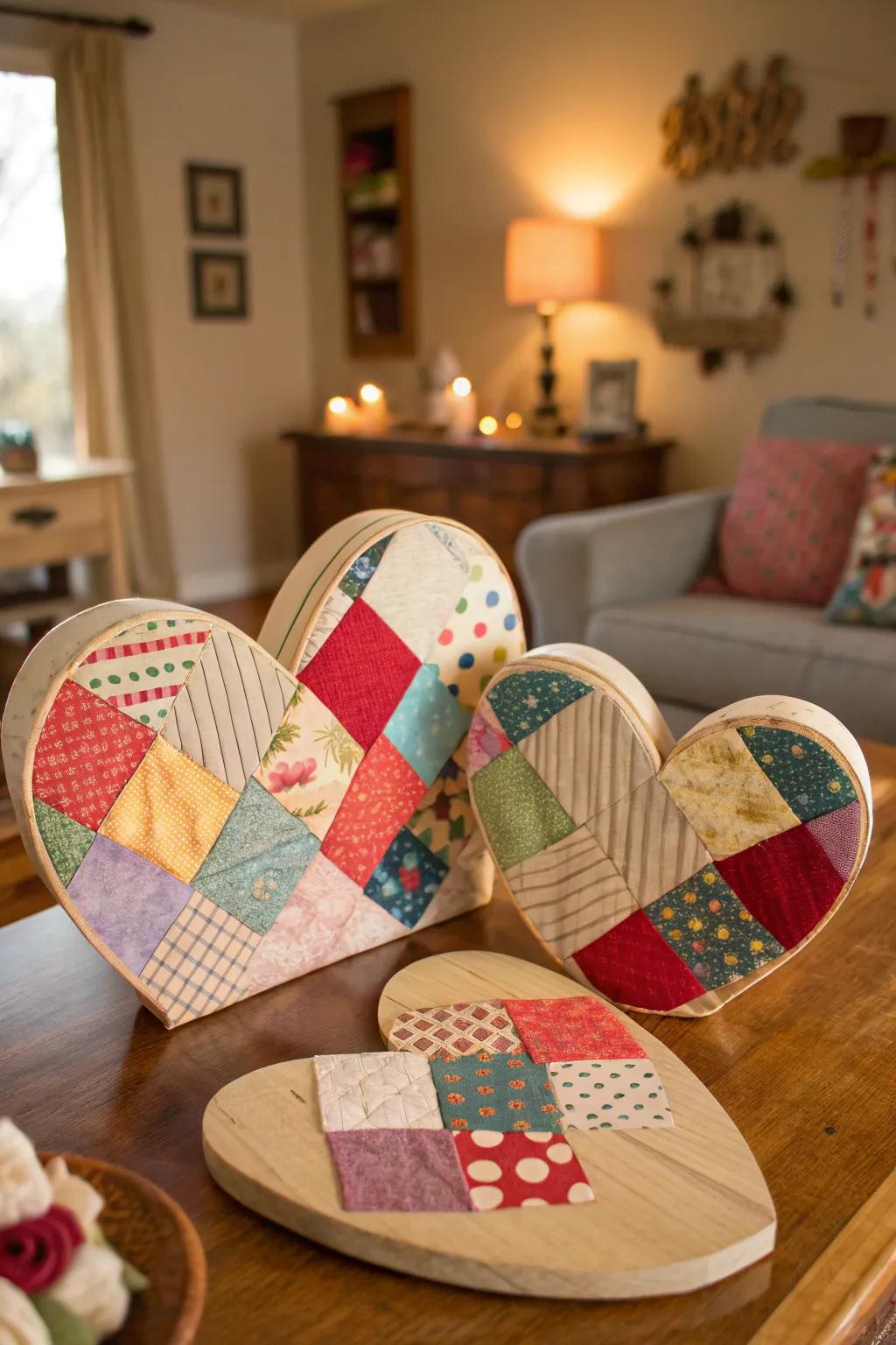 Upcycled fabric hearts add unique texture and color.