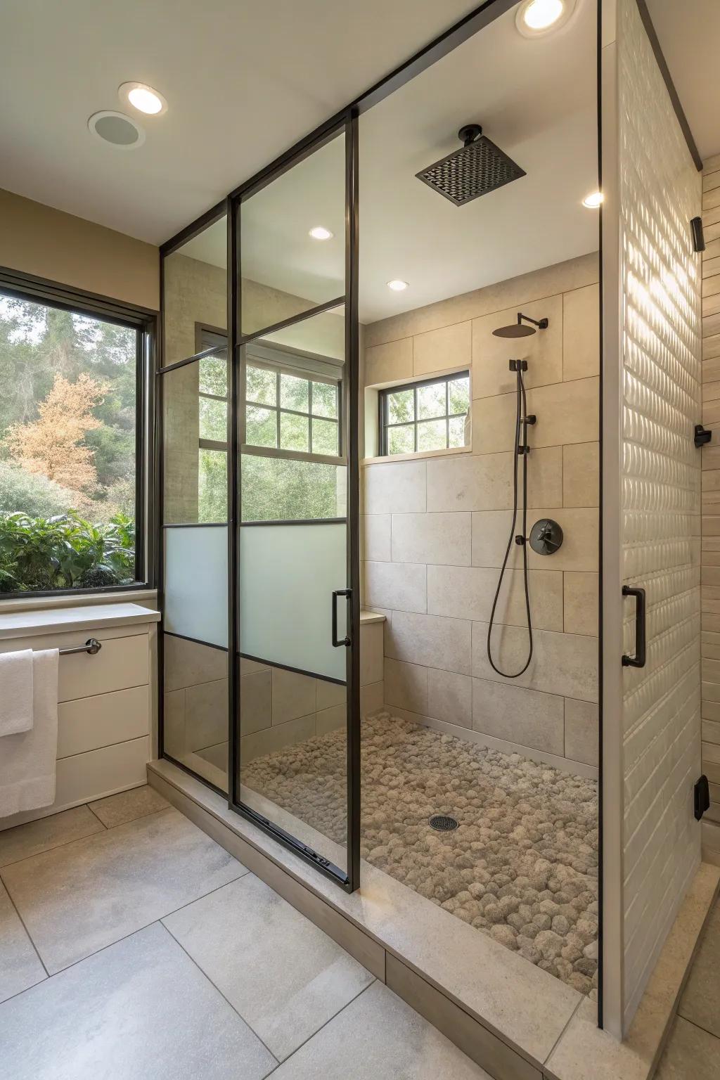 Opaque glass panels offer privacy while maintaining light flow in this shower.