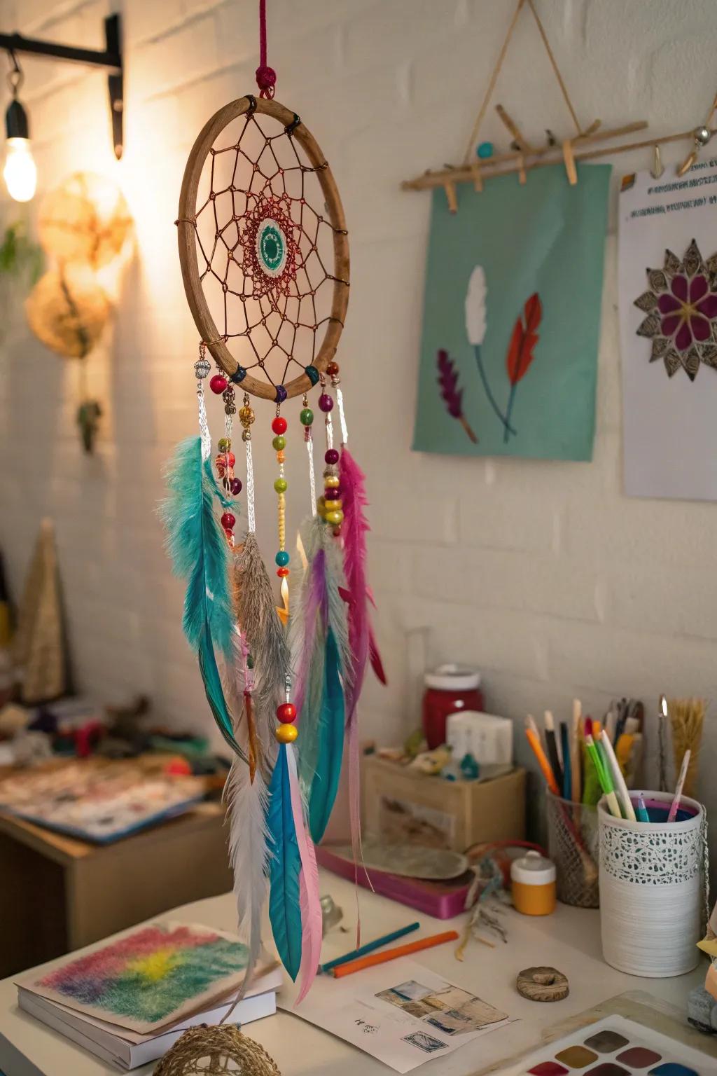 Unleash your creativity with a mixed media dream catcher that combines various textures.