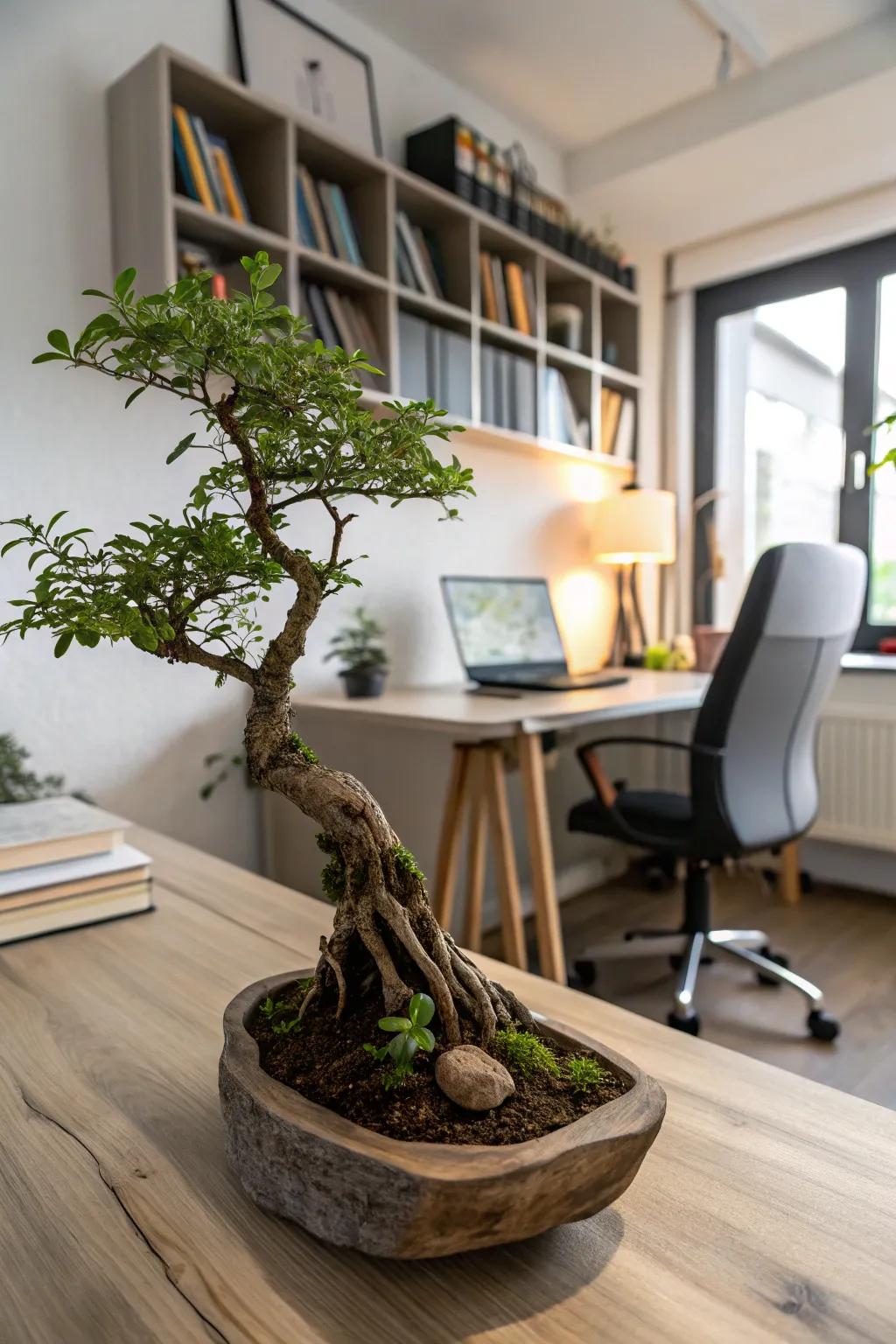 Artistic bonsai driftwood planter, adding tranquility to an office space.