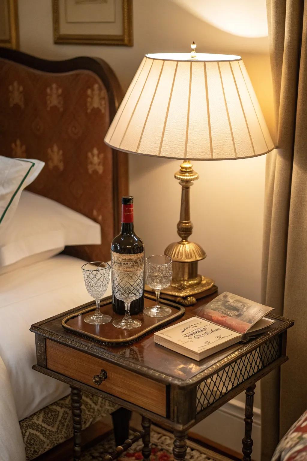 A vintage glamour drink table bringing elegance to a bedroom.