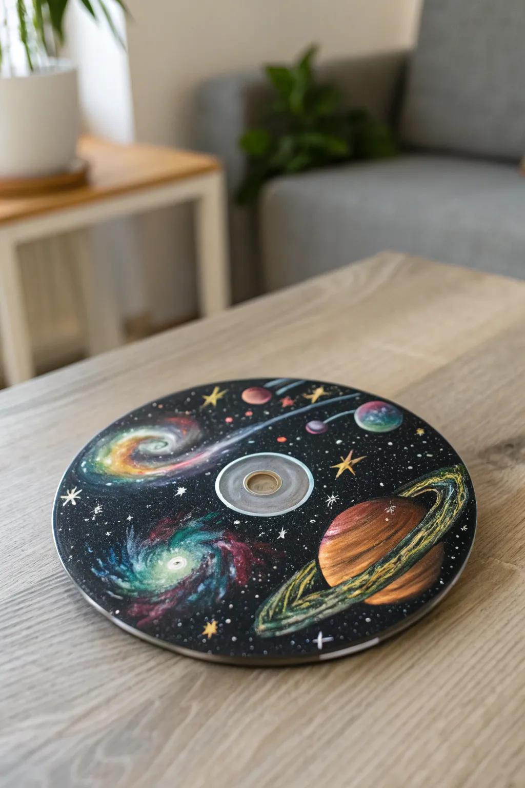 Transform your old DVDs into a celestial masterpiece with this space-themed painting idea. ✨🌌 #CraftedCosmos