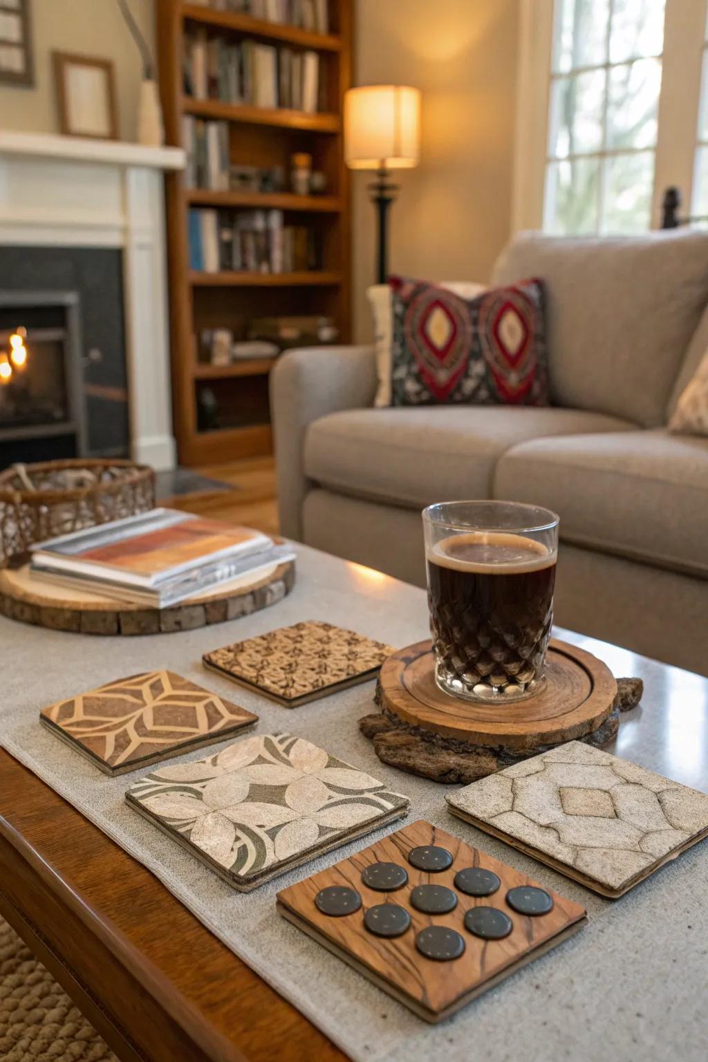 Unique recycled material coasters adding character and sustainability to home decor.