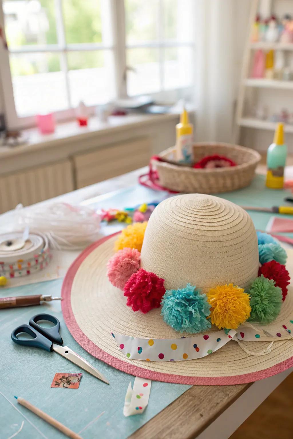 Stand out with a vibrant pom-pom paradise hat.