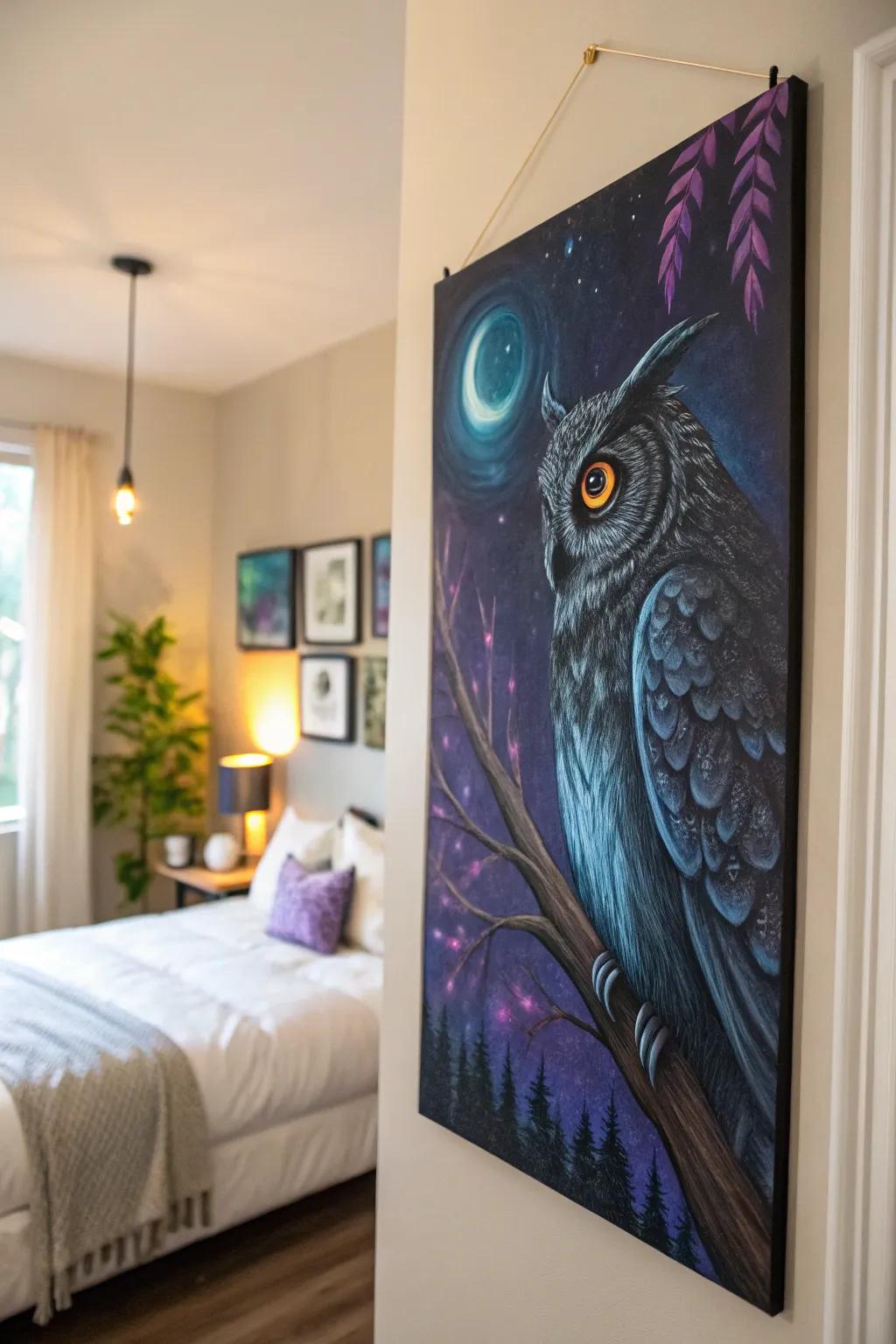 A mystical owl painting that adds a touch of magic to any space.