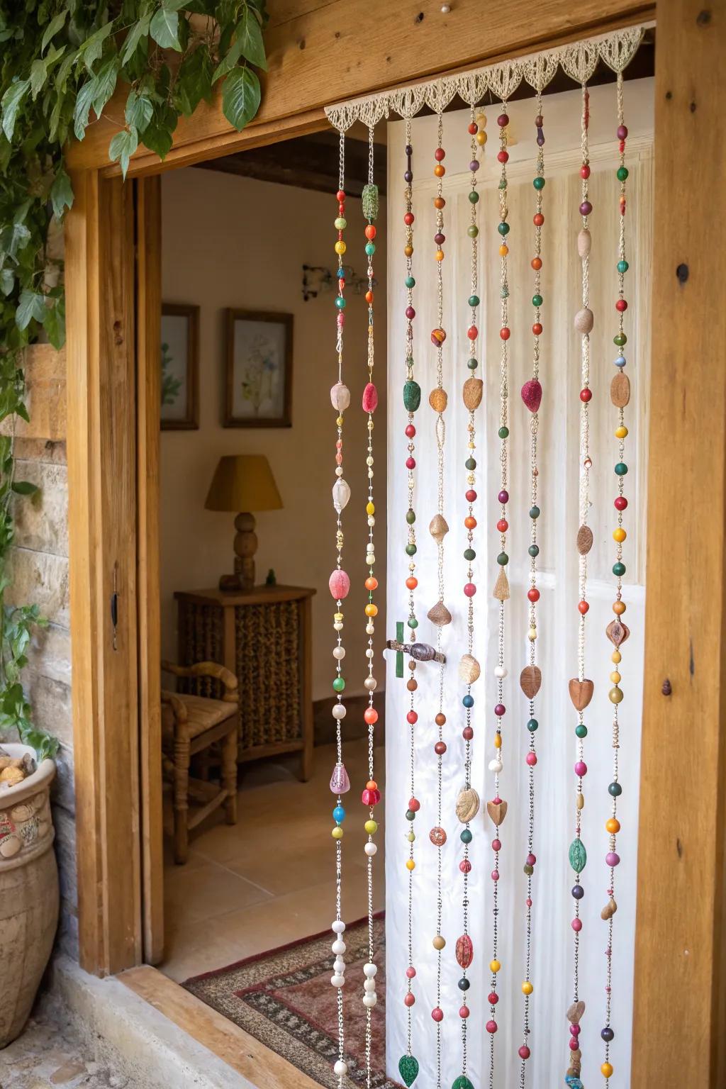 A bohemian clay bead curtain that adds flair to any entrance.