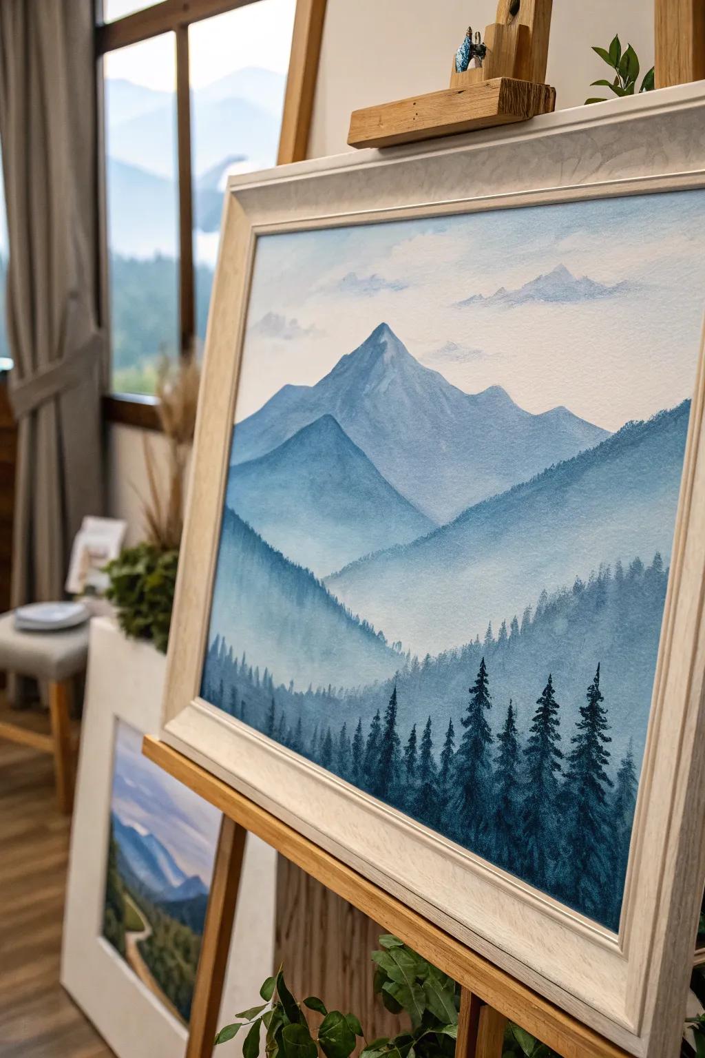 Create a peaceful retreat with a distant blue mountains painting.