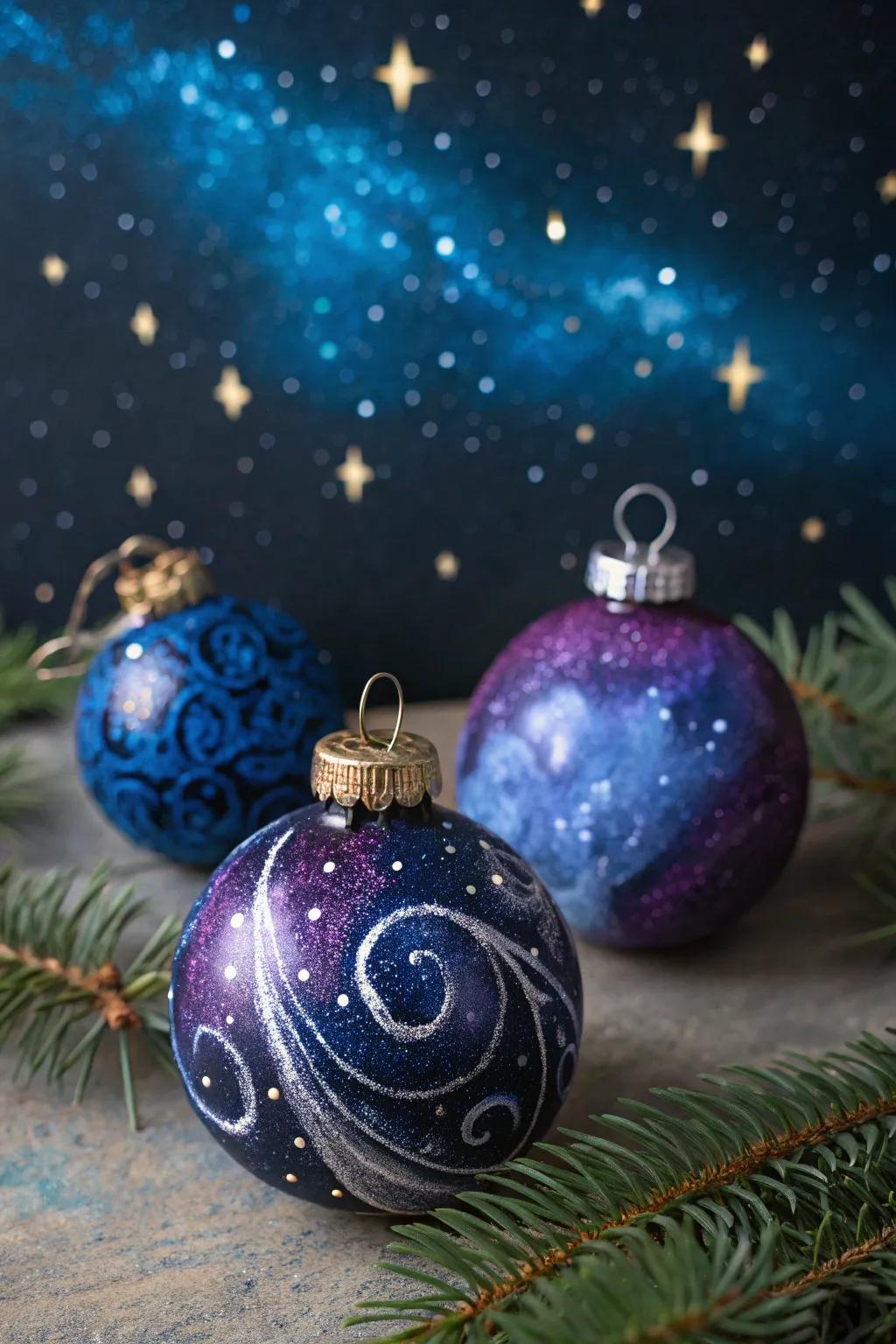 Galaxy-inspired ornaments add a touch of cosmic wonder to your holiday decorations.