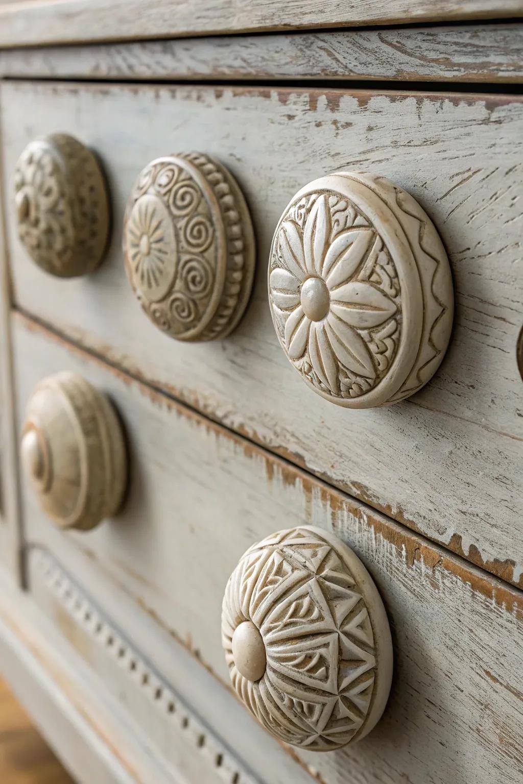 Decorative plaster drawer pulls personalize furniture.