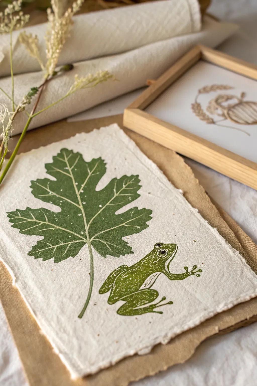 Nature's Artistry: Create whimsical frog prints with leaves and let your child's creativity bloom!