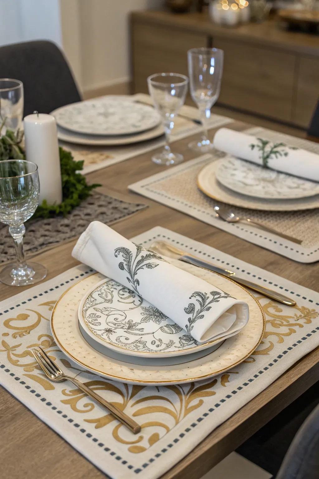 Impress your guests with stenciled table settings.