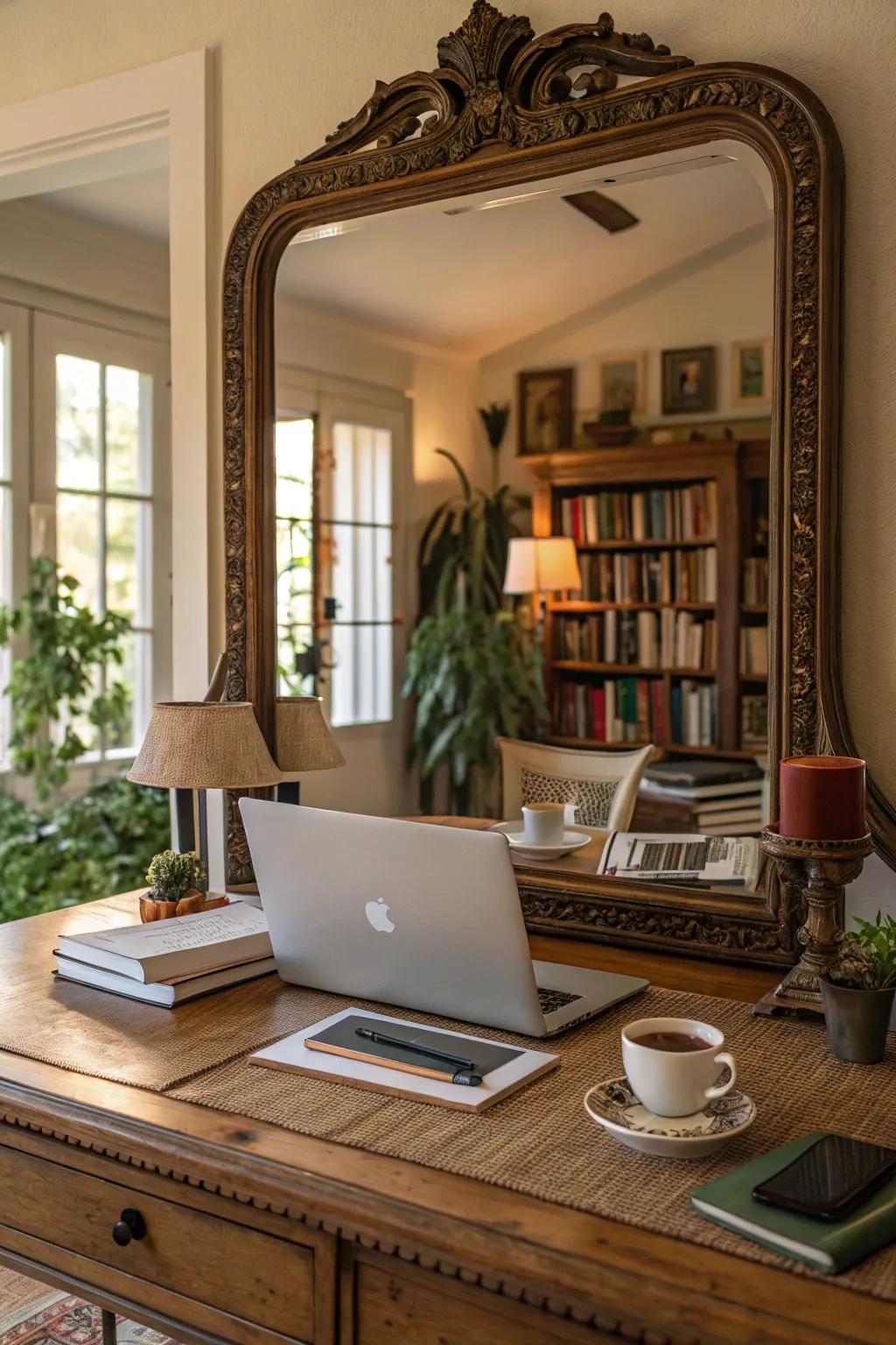 A strategically placed mirror adds depth and elegance to this eclectic workspace.