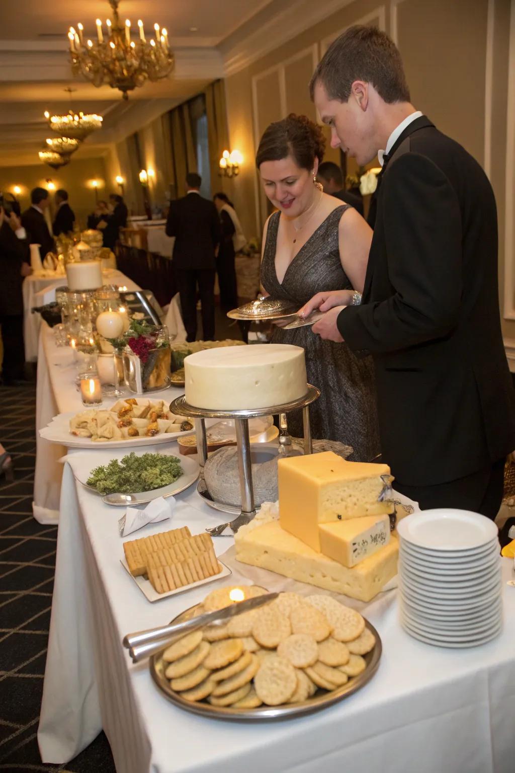 An interactive gourmet cheese station adds elegance and entertainment to the event.