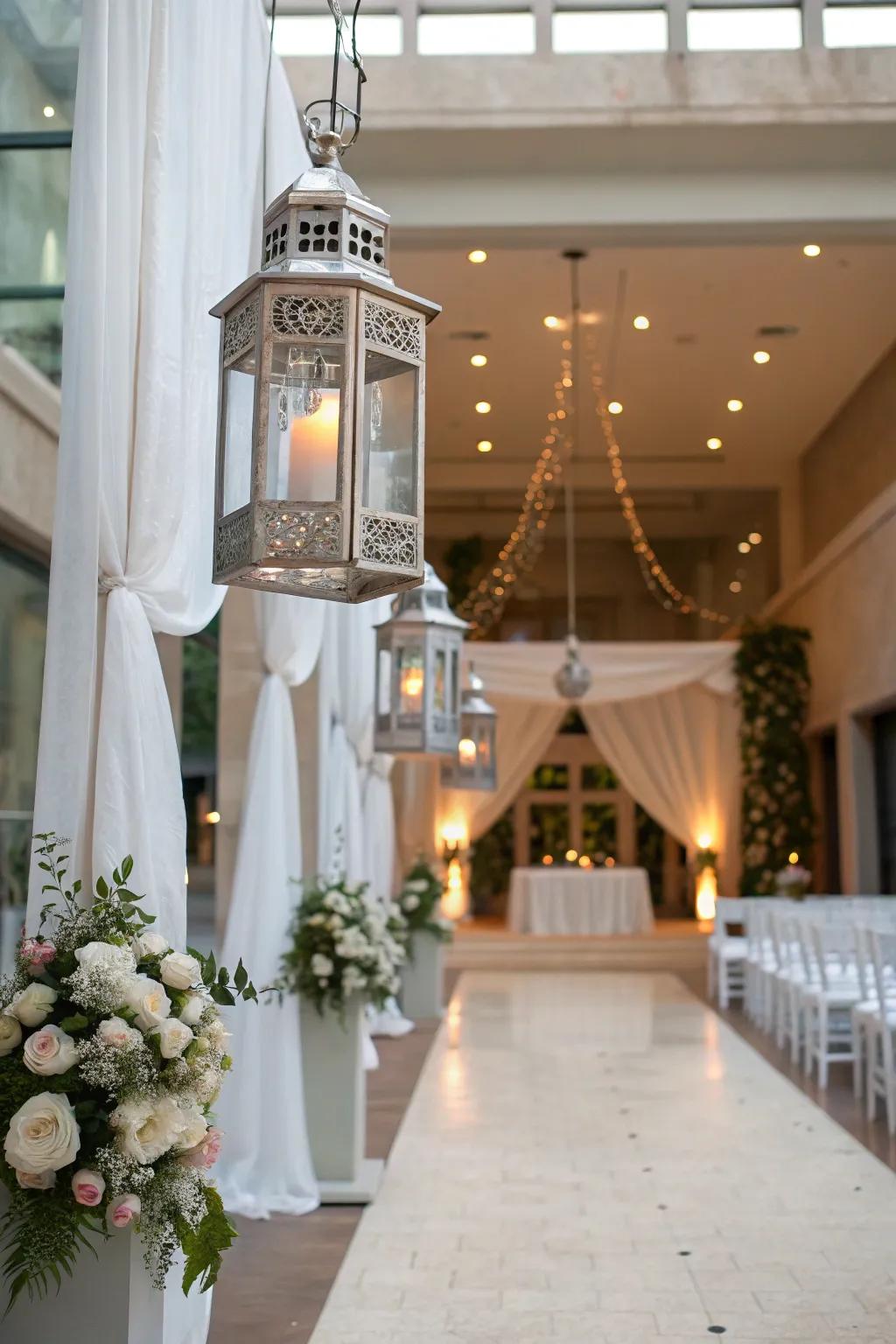 Silver lanterns add warmth and elegance.