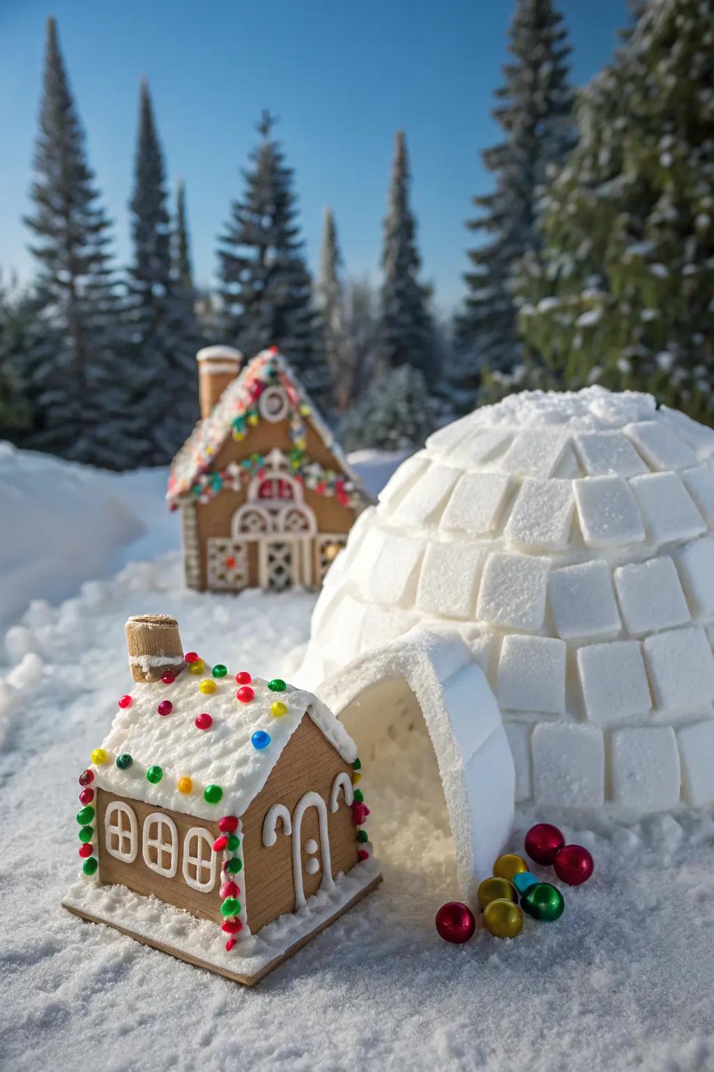 A frosty igloo complements this gingerbread house.