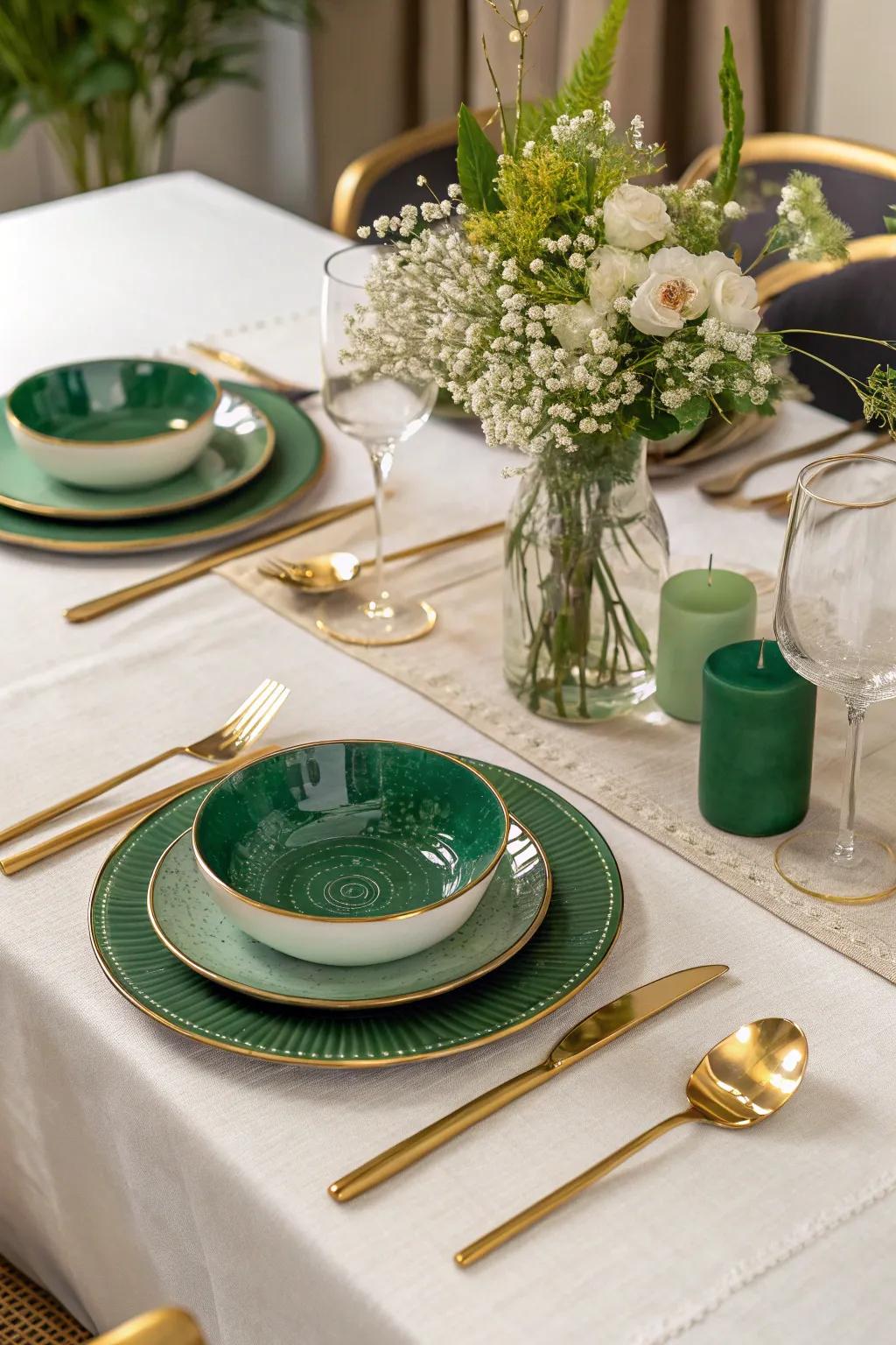 A dining table elegantly set with emerald green dinnerware and gold flatware.