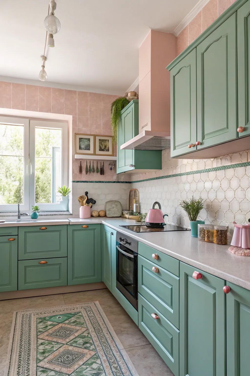 A soft and inviting kitchen with a mix of emerald green and pastel tones.